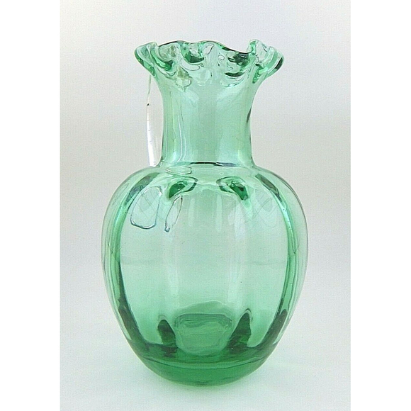 Art Glass Green Hand Blown Glass Small Pitcher Vase Ruffle Top - Picture 4 of 8